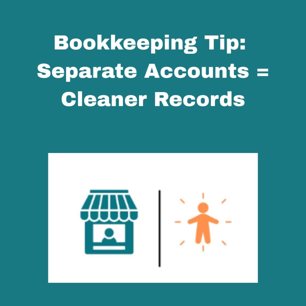 Bookkeeping Tip: Separate Accounts = Cleaner Records

Blue background, blue graphic  of a business building on the left, a black line separating it from the right, a orange graphic of a person. 