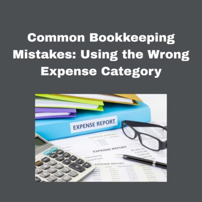 Common Bookkeeping Mistakes: Using the Wrong Expense Category Dark grey background. White square, stack of colored folders, bottom light blue folder had white label, EXPENSE REPORT in black text. A calculator, pair of black framed glasses, black pen and two printed reports in the foreground.