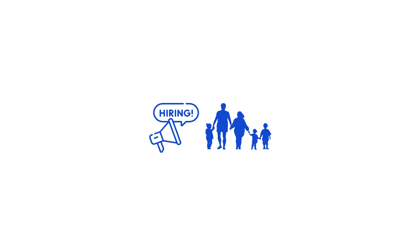 Hiring Family During the Summer What Small Business Owners Need to Know (2). Blue graphic of megaphone, bubble above with HIRING! in blue letters, to the right another blue graphic of a family of 5.