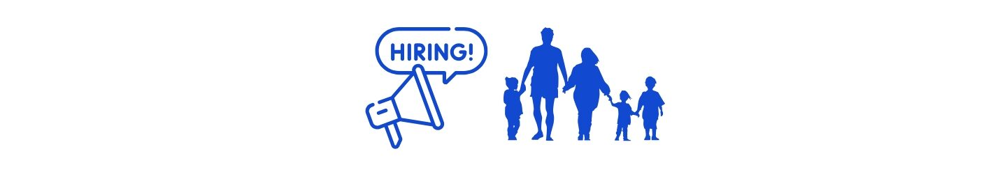 Hiring Family During the Summer What Small Business Owners Need to Know (2).
Blue graphic of megaphone, bubble above with HIRING! in blue letters, to the right another blue graphic of a family of 5.
