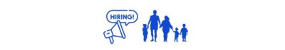 Hiring Family During the Summer What Small Business Owners Need to Know (3) Blue graphic of megaphone, bubble above with HIRING! in blue letters, to the right another blue graphic of a family of 5.