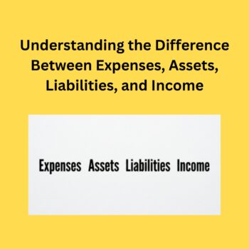 Understanding the Difference Between, Expenses, Assets, Liabilities, and Income. Yellow background, Understanding the Difference Between Expenses, Assets, Liabilities, and Income in bold black letters. White box below, Expenses, Assets Liabilites Income in bold black letters.
